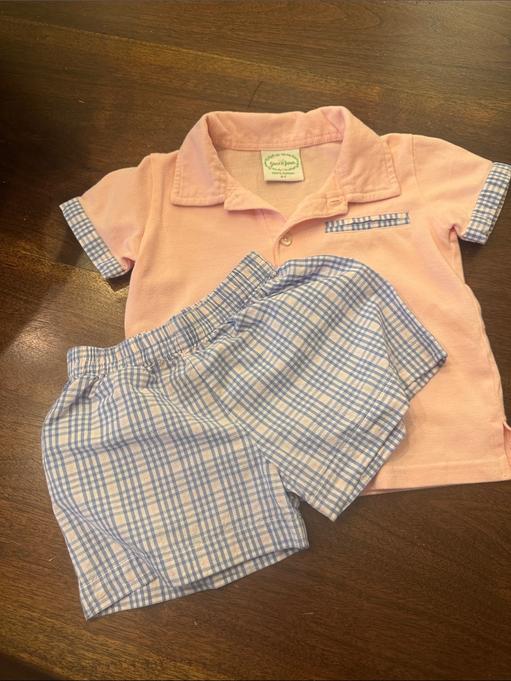 Grace and James Children's Pink Polo Top & Blue Plaid Shorts Set